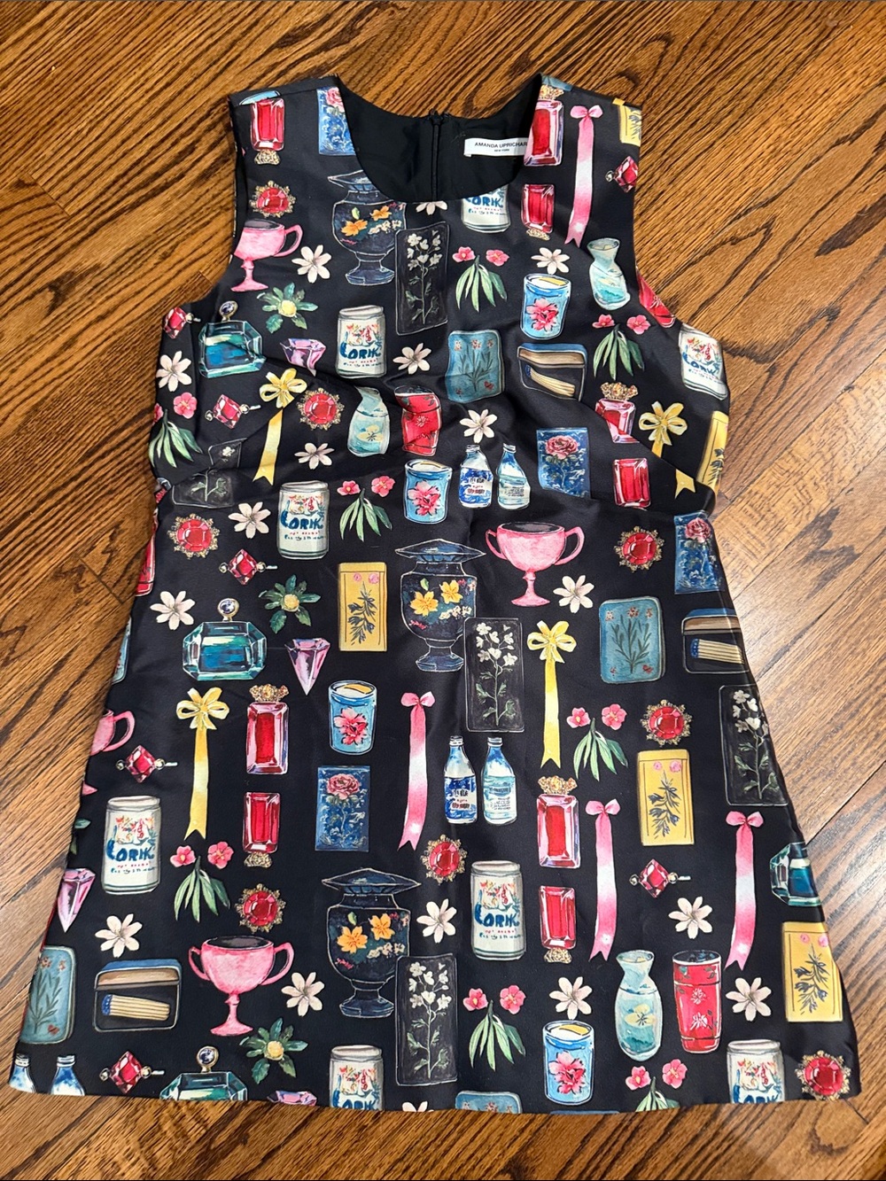Amanda Uprichard Black Mini Dress with Multi-Color Bottle & Floral Print